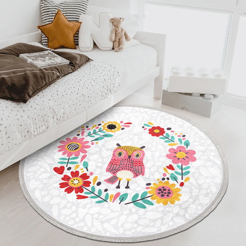 Cute Owl Circle Rug|Fringed Owl Print Kid Carpet|Non-Slip Round Rug|Colorful Area Carpet|Kids Home Decor|Animal Anti-Slip Mat|Floor Covering