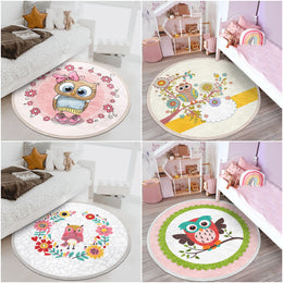 Cute Owl Circle Rug|Fringed Owl Print Kid Carpet|Non-Slip Round Rug|Colorful Area Carpet|Kids Home Decor|Animal Anti-Slip Mat|Floor Covering