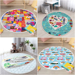 Car Print Round Rug|Fringed London Print Carpet|Non-Slip Circle Rug|Colorful Area Carpet|Kids Home Decor|Animals in Cars Mat|Floor Covering