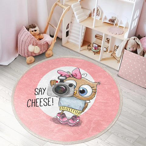 Cute Owl Circle Rug|Fringed Owl Print Kid Carpet|Non-Slip Round Rug|Pastel Color Carpet|Kids Home Decor|Animal Anti-Slip Mat|Floor Covering