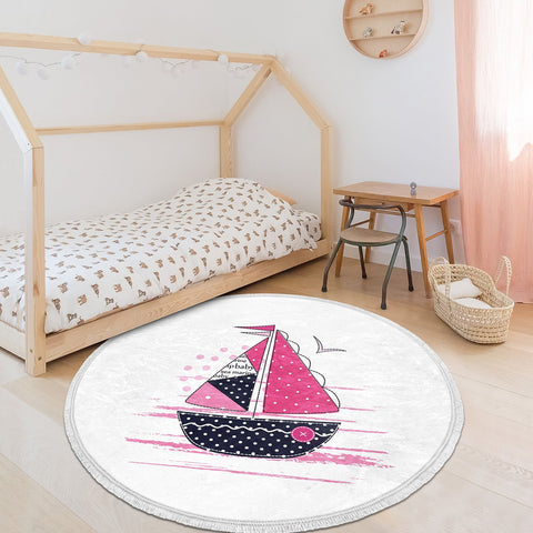 Nautical Kids Rug|Non-Slip Round Carpet|Fringed Kid Room Circle Carpet|Ship Print Rug|Coastal Home Decor|Whale Print Print Anti-Slip Mat