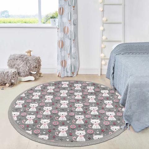 Cute Cats Circle Rug|Fringed Love Kitty Kid Rug|Non-Slip Round Rug|Colorful Area Carpet|Kids Home Decor|Animal Anti-Slip Mat|Floor Covering