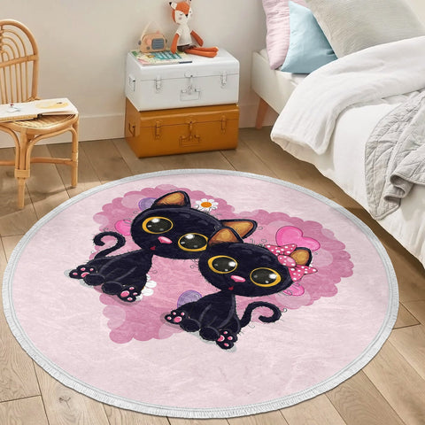 Cute Cats Circle Rug|Fringed Black Kitten Print Kid Carpet|Non-Slip Round Rug|Colorful Area Rug|Kids Home Decor|Animal Anti-Slip Floor Mat