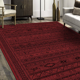Turkish Oriental Rug|Red Black Machine-Washable Non-Slip Kilim Rug|Ethnic Design Carpet|Traditional Anatolian Multi-Purpose Anti-Slip Carpet