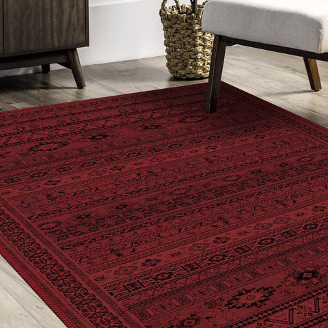 Turkish Oriental Rug|Red Black Machine-Washable Non-Slip Kilim Rug|Ethnic Design Carpet|Traditional Anatolian Multi-Purpose Anti-Slip Carpet