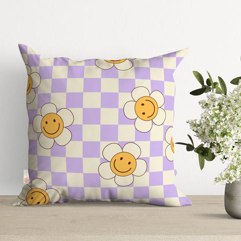 Plaid Daisy Pillow Cover|Smiling Daisy Pillowcase|Check Cushion Case|Floral Pillowtop|Outdoor Cushion Case|Decorative Sofa Throw Pillowtop