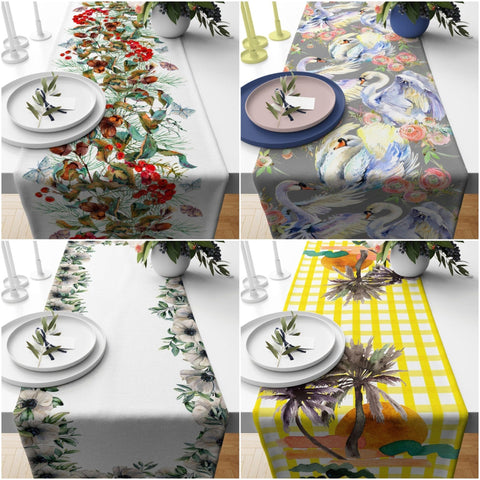 Floral Table Runner|Summer Tablecloth|Floral Table Decor|Housewarming Runner|Farmhouse Colorful Swan Print Tabletop|Palm Tree Tablecloth