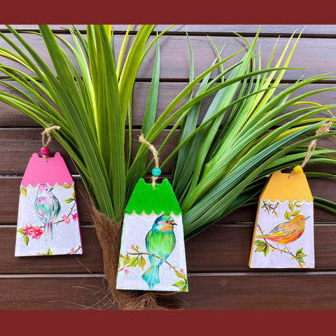 Set of 3 Bird Print Wooden Decor|Hand Painted Home Shaped Wall Hanging Decor|Housewarming Gardening Gift|Custom Summer Trend Floral Decor