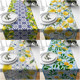 Lemon Table Runner|Farmhouse Tile Pattern Table Top|Summer Tablecloth|Fresh Citrus Decor|Housewarming Floral Runner|Stylish Lemon Tablecloth