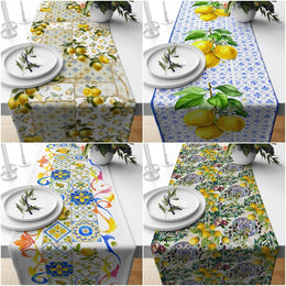 Lemon Table Runner|Summer Tablecloth|Fresh Citrus Decor|Housewarming Floral Runner|Farmhouse Tile Pattern Table Top|Stylish Lemon Tablecloth