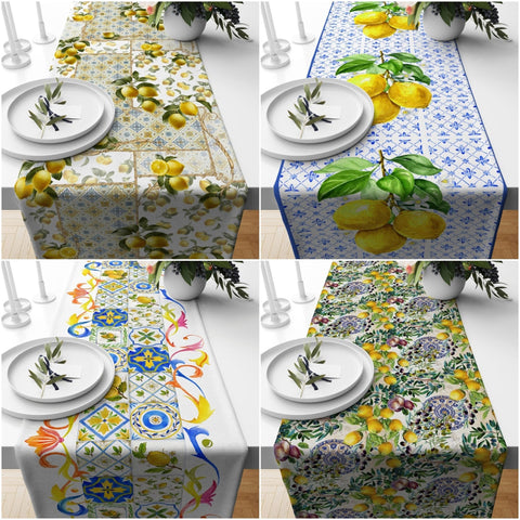 Lemon Table Runner|Summer Tablecloth|Fresh Citrus Decor|Housewarming Floral Runner|Farmhouse Tile Pattern Table Top|Stylish Lemon Tablecloth