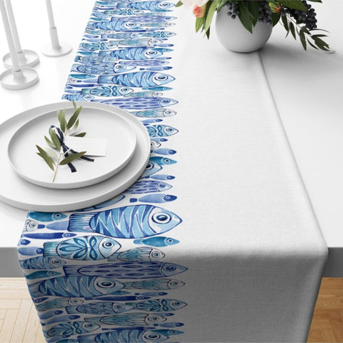 Coastal Table Runner|Beach House Runner|Coral and Lobster Tabletop|Anchor and Fish Print Nautical Tablecloth|Navy Marine Table Centerpiece