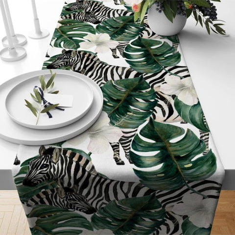 Tropical Tablecloth|Animal Print Tabletop|Green Leaves Decor|Leopard Table Runner|Giraffe Print Runner|Zebra Tabletop|Tropical Kitchen Decor
