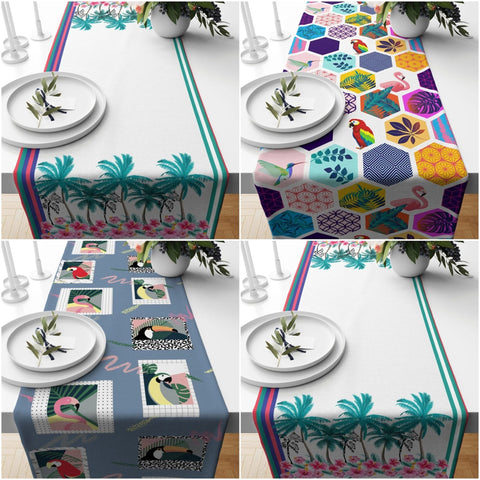 Tropical Table Runner|Animal Print Tablecloth|Palm Tree Home Decor|Parrot Print Runner|Palm Tree Runner|Flamingo and Toucan Tablecloth