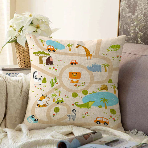 Kids Pillow Cover|Animal World Cushion Case|Educational Game Path Kids Room Pillow|Boho Bedding Decor|Decorative Pillowtop|Kid Cushion Case