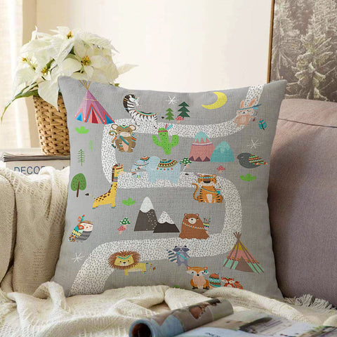 Kids Pillow Cover|Animal Print Cushion Case|Educational Game Path Kids Room Decor|Boho Bedding Decor|Decorative Pillowtop|Kid Cushion Case