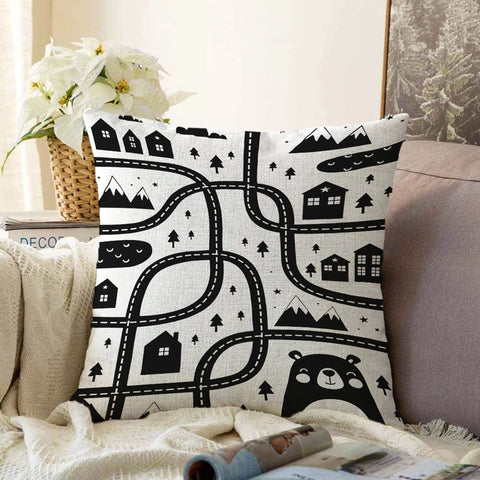 Kids Cushion Cover|Road Print Pillow Case|Educational Race Path Kids Room Pillow|Boho Bedding Decor|Decorative Animal Print Porch Pillowtop