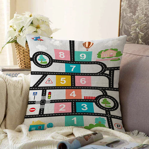 Kids Pillow Cover|Hopscotch Cushion Case|Colorful Kid Room Pillow|Boho Bedding Decor|Game Path Pillowtop|Kid Cushion Case|Throw Pillowcase