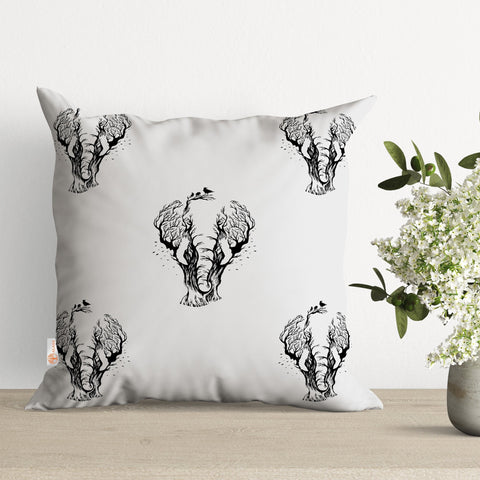 Elephant Pillow Cover|Elephant with Tree and Birds Cushion Case|Minimalist Pillowtop|Boho Bedding Decor|Cozy Pillowcase|Outdoor Cushion Case