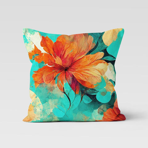 Orange Turquoise Floral Pillow Cover|Summer Cushion Case|Decorative Throw Pillowtop|Boho Bedding Decor|Housewarming Farmhouse Pillow Case