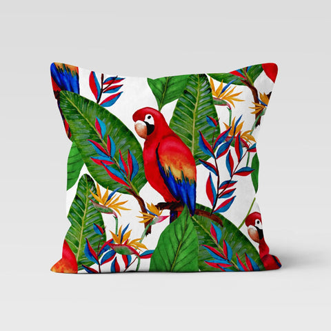 Parrot Pillow Cover|Bird Print Tropical Throw Pillow Case|Colorful Decorative Pillowtop|Housewarming Green Leaf Cushion|Porch Pillowcase