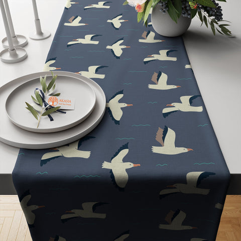 Nautical Table Runner|Mermaid Tablecloth|Coastal Tabletop|Whale Seagull Home Decor|Beach House Kitchen Decor Gift|Diver Print Table Runner