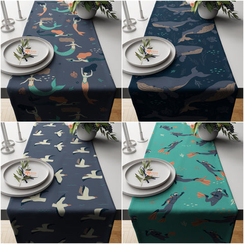 Nautical Table Runner|Mermaid Tablecloth|Coastal Tabletop|Whale Seagull Home Decor|Beach House Kitchen Decor Gift|Diver Print Table Runner