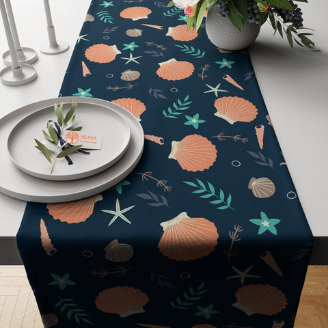 Nautical Table Runner|Oyster Jellyfish Tablecloth|Coastal Tabletop|Coral Home Decor|Beach House Kitchen Decor Gift|Fish Print Table Runner