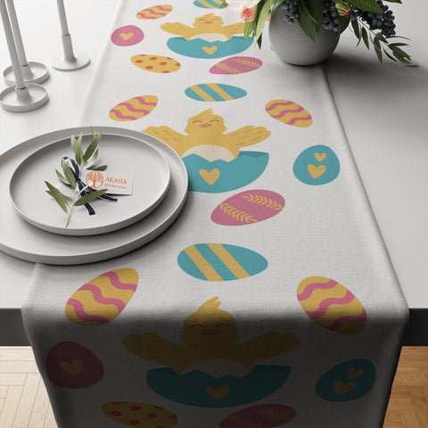 Easter Table Runner|Spring Tablecloth|Chick and Egg Print Tabletop|Bunny Home Decor|Farmhouse Kitchen Decor Gift|Housewarming Table Runner