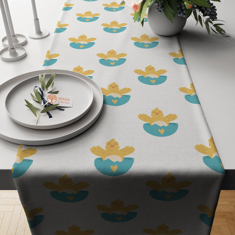 Easter Table Runner|Spring Tablecloth|Chick and Egg Print Tabletop|Bunny Home Decor|Farmhouse Kitchen Decor Gift|Housewarming Table Runner