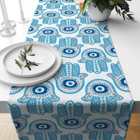 Evil Eye Table Runner|Hamsa Tablecloth|Turkish Greek Evil Eye Tabletop|Nazar Home Decor|Good Luck Kitchen Decor|Housewarming Table Runner