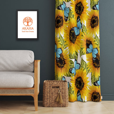 Sunflower Curtain|Thermal Insulated Floral Panel Window Curtain|Butterfly Flower Print Living Room Curtain|Housewarming Office Window Decor