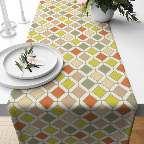 Geometric Table Runner|Square Pattern Table Top|Decorative Tabletop|Boho Home Decor|Farmhouse Kitchen Decor Gift|Modern Style Table Runner