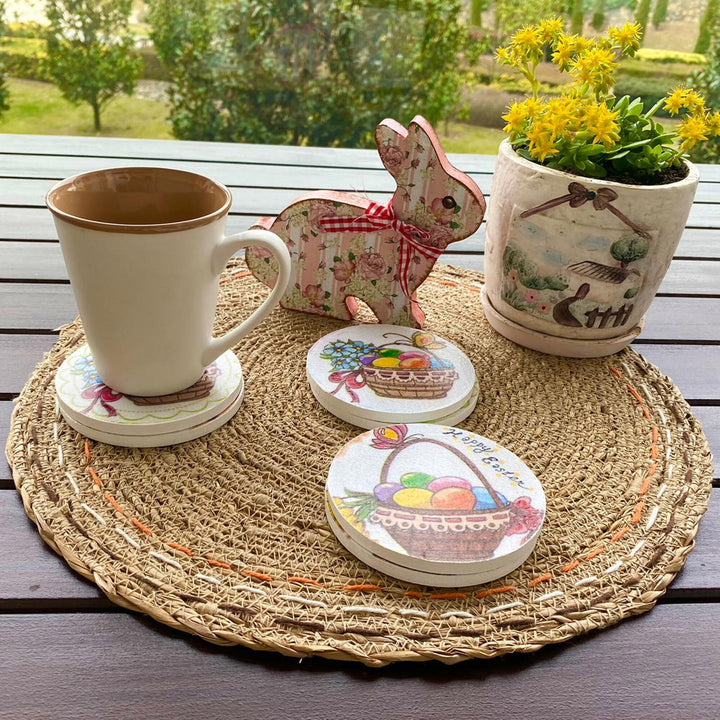 Easter Coaster Set|Set of 6 Wooden Hand Painted Happy Easter Coaster|Egg and Butterfly Mug Coaster|Handmade Gifts|Wooden Drink Coaster Set