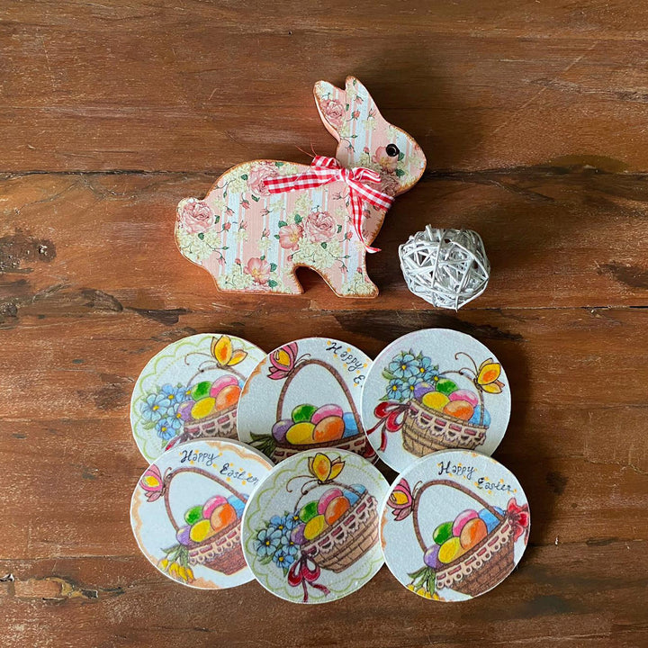 Easter Coaster Set|Set of 6 Wooden Hand Painted Happy Easter Coaster|Egg and Butterfly Mug Coaster|Handmade Gifts|Wooden Drink Coaster Set