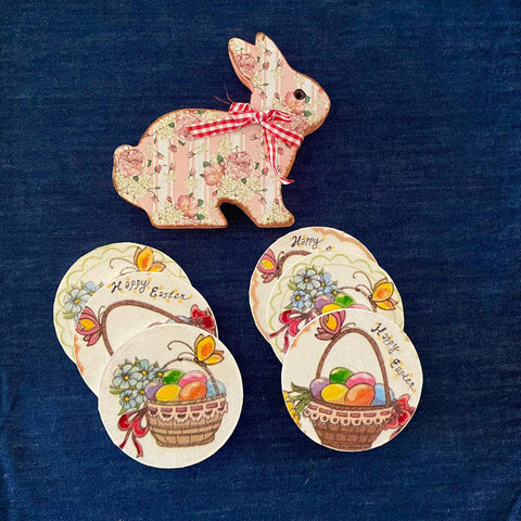Easter Coaster Set|Set of 6 Wooden Hand Painted Happy Easter Coaster|Egg and Butterfly Mug Coaster|Handmade Gifts|Wooden Drink Coaster Set