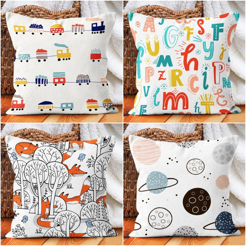 Kids Pillow Cover|Train Print Decorative Pillow Case|Galaxy Cushion Case|Fox Pillowcase|Housewarming Kid Cushion|Colorful Throw Pillowtop