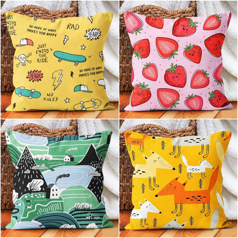 Kids Pillow Cover|Skateboard Pillow Case|Decorative Strawberry Cushion Case|Fox Pillowcase|Housewarming Kid Cushion|Colorful Throw Pillowtop