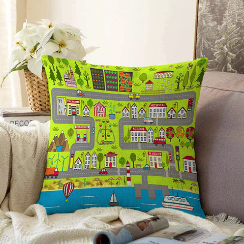 Kids Pillow Cover|Cars and Houses Cushion Case|Ship Print Kids Room Pillow|Colorful Gaming Room Decor|Decorative Pillowtop|Kid Cushion Case