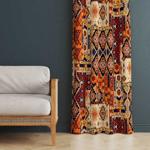 Southwestern Curtain|Ethnic Aztec Living Room Curtain|Terracotta Bohemian Window Decor|Thermal Insulated Rug Design Panel Window Curtain