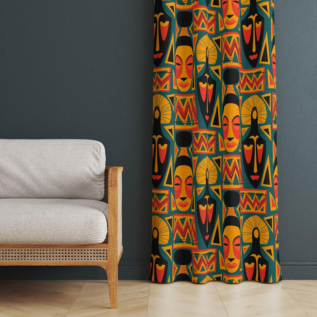 Tribal Print Curtain|Thermal Insulated Face Print Panel Window Curtain|Ethnic Design Living Room Curtain|Abstract Authentic Window Decor