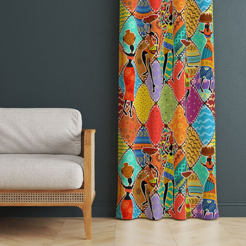 African Boho Curtain|Thermal Insulated Tribal Panel Window Curtain|Elephant Print Living Room Curtain|African Woman Authentic Window Decor