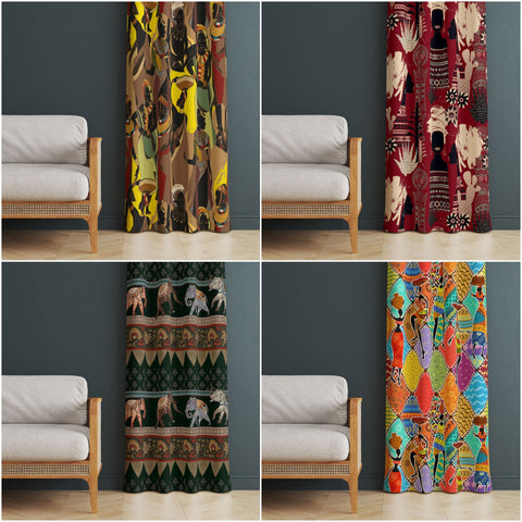 African Boho Curtain|Thermal Insulated Tribal Panel Window Curtain|Elephant Print Living Room Curtain|African Woman Authentic Window Decor