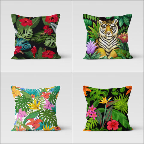 Plants Pillow Cover|Green Leaves Cushion Case|Tropical Leaf Decor|Decorative Pillowtop|Boho Floral Decor|Housewarming Tiger Print Cushion