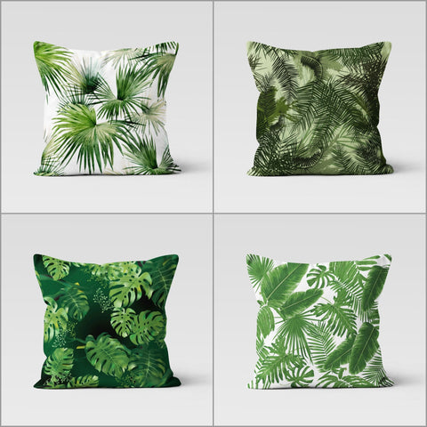Tropical Plants Pillow Cover|Green Leaves Pillowtop|Floral Cushion Case|Decorative Throw Pillow Case|Green and White Decor|Summer Cushion