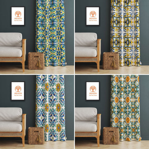 Tile Pattern Curtain|Thermal Insulated Ethnic Panel Window Curtain|Decorative Authentic Living Room Curtain|Geometric Abstract Window Decor