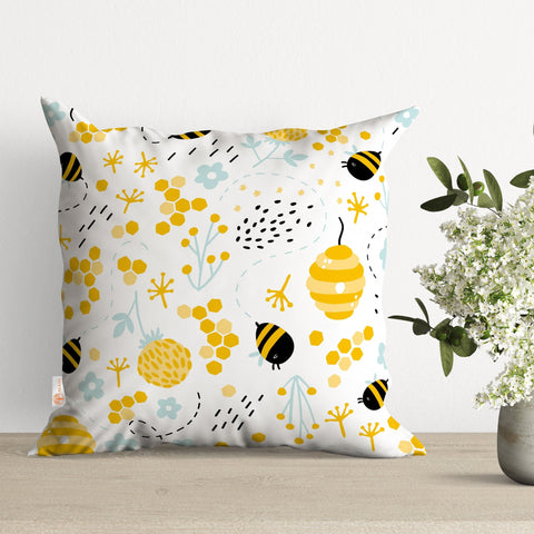 Bee Pillow Cover|Happy Bee Cushion Case|Honeycomb Pillowcase|Decorative Pillowtop|Kids Bedding Decor|Outdoor Cushion Case|Sofa Throw Pillow