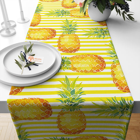 Fruit Table Runner|Pineapple Tablecloth|Red Berry Tabletop|Grape Home Decor|Farmhouse Kitchen Decor|Housewarming Striped Lemon Table Runner