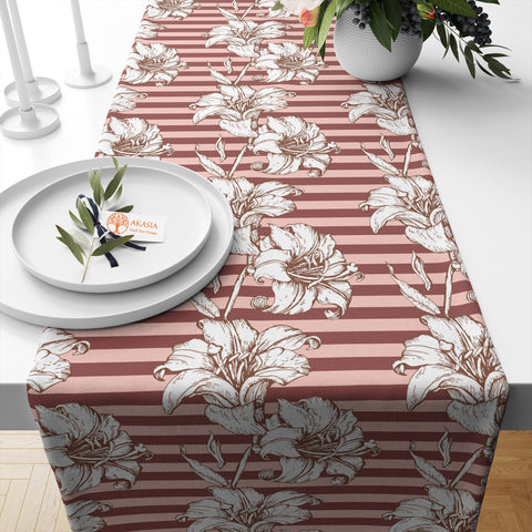 Floral Table Runner|Summer Trend Table Top|Striped Floral Home Decor|Pale Color Flowers, Leaves Tablecloth|Housewarming Pastel Table Runner