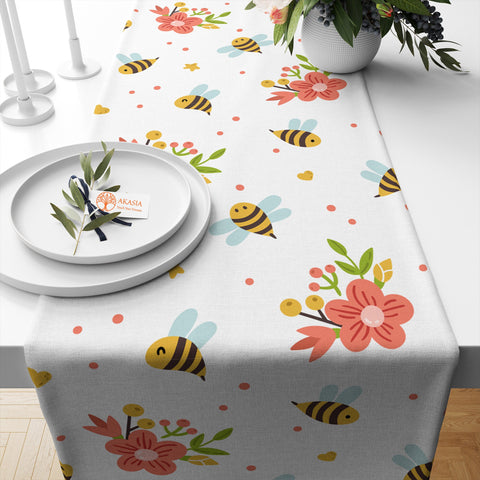 Bee Table Runner|Floral Bee Runner|Farmhouse Bee Print Tabletop|Decorative Stylish Tablecloth|Summer Table Runner|Housewarming Table Decor